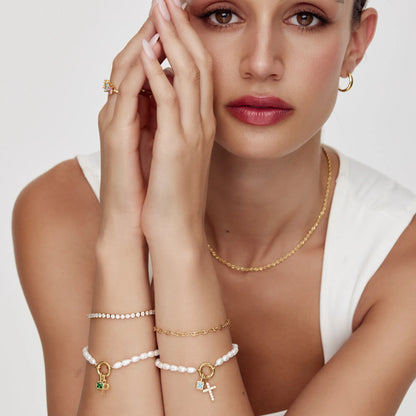 Pearl Birthstone Cross Charm Bracelet