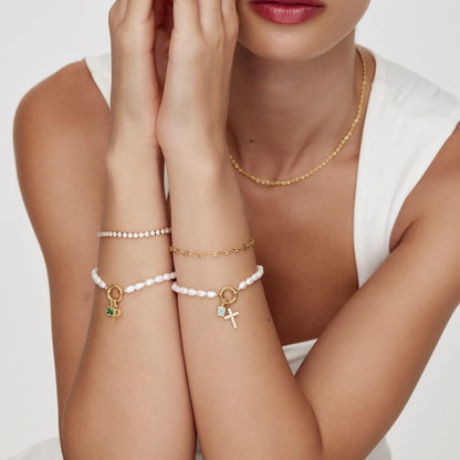 Pearl Birthstone Cross Charm Bracelet
